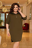 Женское легкое платье-тунка однотонное под рубашечный стиль в больших размерах 50-52, хаки