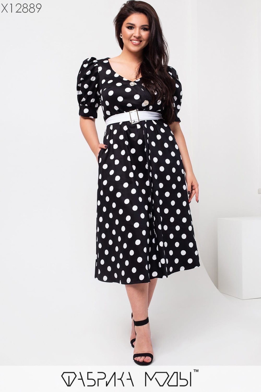 Сукня бавовняна літня міді в горошок на гудзиках з рукавом ліхтарик з поясом та кишенями