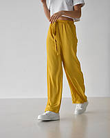 Брюки палаццо для девочки расклешенные лен жатка на лето желтого цвета / Широкие брюки с высокой посадкой