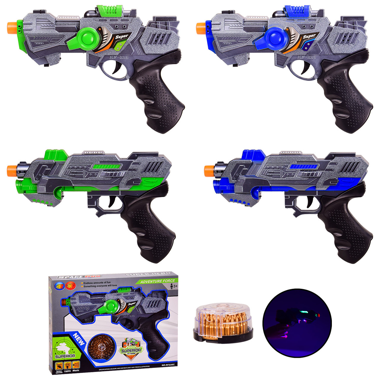 Бластер батарі. RF226C/RF227C світло, звук, 2 види по 2 кольори, кор.26.5*4*20.5 см