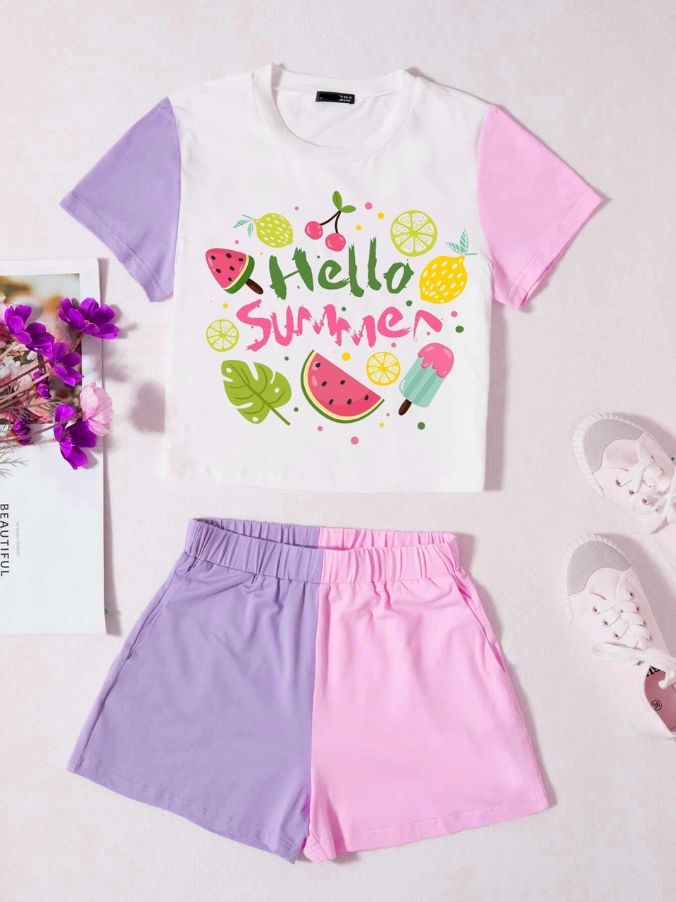 Жіночий костюм двійка футболка кроп-топ і шорти з принтом (hello summer)