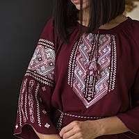Вишиванка жіноча "Дві дороги" вишита на бордовому шифоні білими та рожевими нитками, рукав 3/4