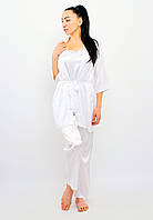 Женский пижамный комплект брюки+майка+ халат с кружевом(белый)