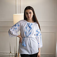 Вишиванка жіноча "Дві дороги" вишита на білому шифоні білими та синіми нитками, рукав 3/4