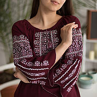 Вишиванка жіноча "Ілюзія" вишита на бордовому шифоні білими та рожевими нитками, рукав 3/4