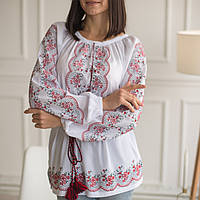 Вишиванка жіноча "Рішельє" вишита на білому шифоні червоними та чорними нитками, довгий рукав, манжет.