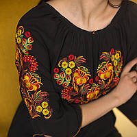 Вишиванка жіноча "Талісман" вишита на чорному шифоні кольоровими нитками, рукав 3/4