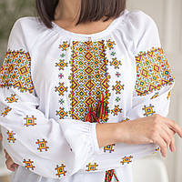 Вишиванка жіноча "Карпатська" вишита на білому шифоні яскравими кольоровими нитками, довгий рукав, манжет.