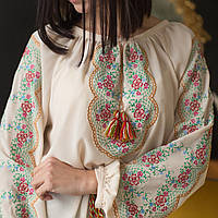 Вишиванка жіноча "Рішельє" вишита на кремовому шифоні кольоровими нитками, довгий рукав, манжет.