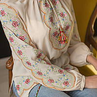 Вишиванка жіноча "Рішельє" вишита на кремовому шифоні кольоровими нитками, довгий рукав, манжет.