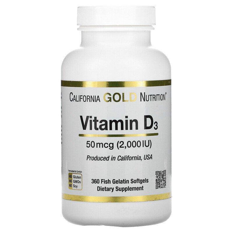 California Gold Nutrition, вітамін D3, 50 мкг (2000 МО), 360 капсул із риб’ячого желатину