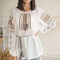 Вишиванка жіноча "Традиція" вишита на білому шифоні жовто-коричневими нитками, довгий рукав, манжет.