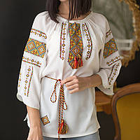 Вишиванка жіноча "Традиція" вишита на білому шифоні кольоровими нитками, рукав 3/4