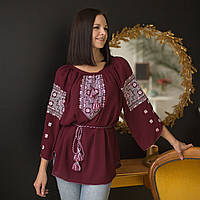 Вишиванка жіноча "Розсипані зорі" вишита на бордовому шифоні білими та рожевими нитками, рукав 3/4