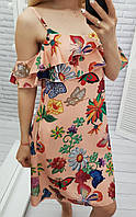 Платье короткое ,летнее с воланом, арт 102, цветы на персиком фоне