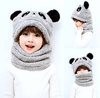Детский Снуд Панда с ушками (Мишка) теплая шапка-шарф 2 в 1 (зимняя шапка-шлем, балаклава) Серая 2, Унисекс