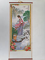 Панно з дівчиною біля річки та з півоніями Китайський живопис Біла соломка 78*32 см