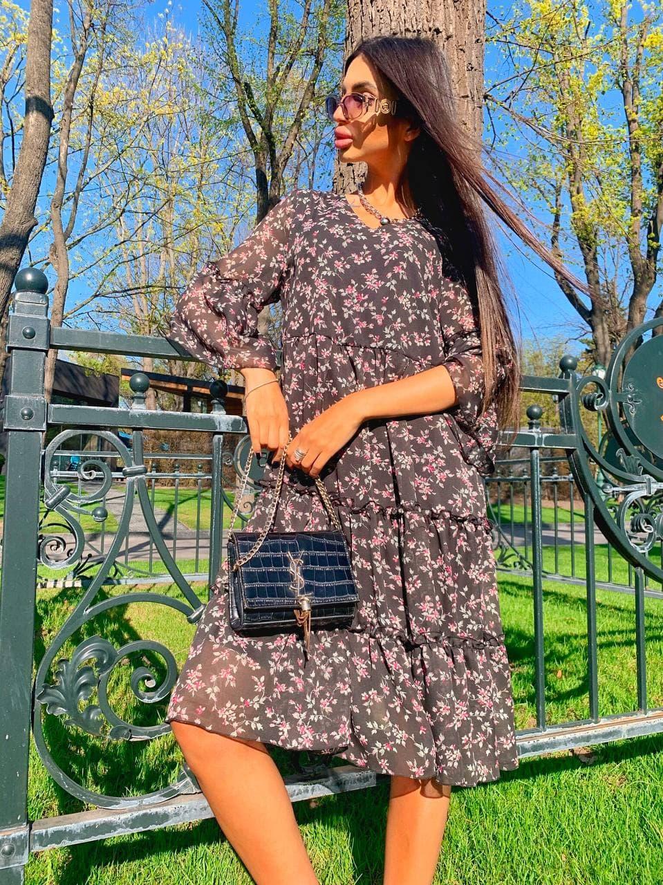 Стильне вільне плаття із шифону з підкладкою в квітку, фото 1