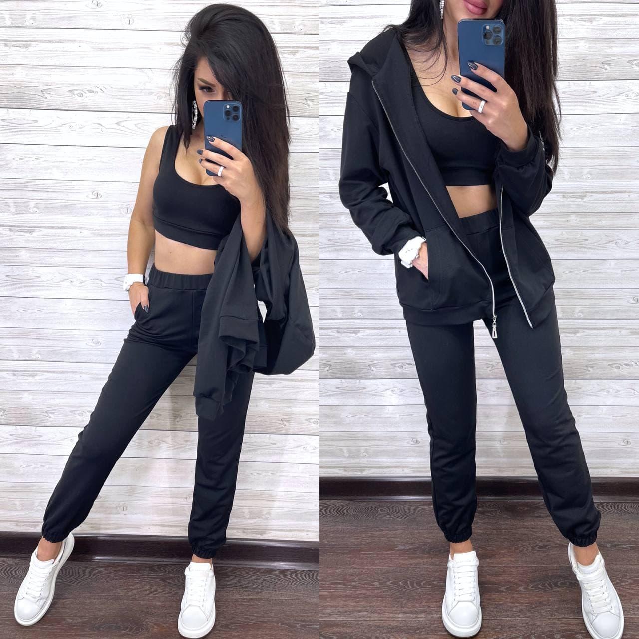 Стильний костюм-трійка штани з високою талією й укорочений топ і кофта