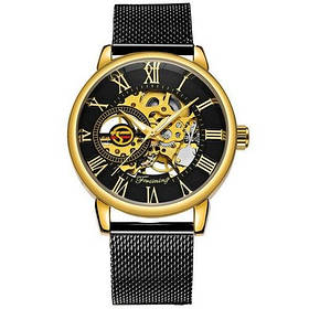 Чоловічий годинник, механіка - Skeleton (Скелетон)- Forsining 8099 Black-Gold-Black