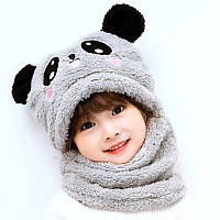 Детский Снуд Панда с ушками (Мишка) теплая шапка-шарф 2 в 1 (зимняя шапка-шлем, балаклава) Серая, Унисекс