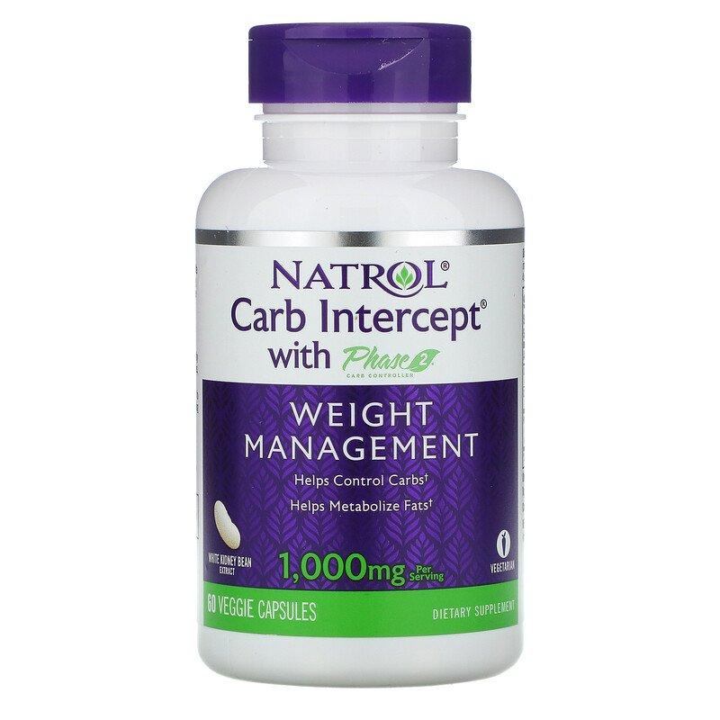 Екстракт білої квасолі Natrol "Carb Intercept з Phase 2" для контролю ваги, 1000 мг (60 капсул)