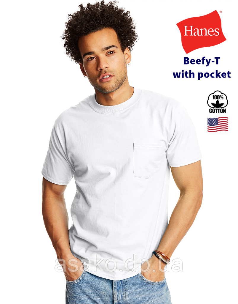 Набір із 2 Футболок із кишенею Hanes® Beefy-T/набір із 2 шт./білий колір/100% бавовна/ зі США, фото 1