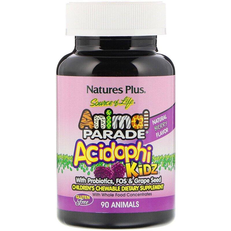 NaturesPlus, Animal Parade, AcidophiKidz, пробіотичний комплекс для дітей, смак натуральних ягід, 90 таблеток