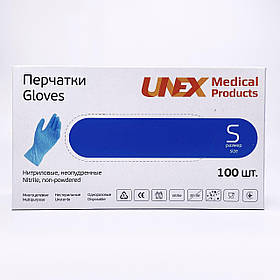 Рукавички нітрилові Unex (сині, розмір S, упаковка 100 штук)