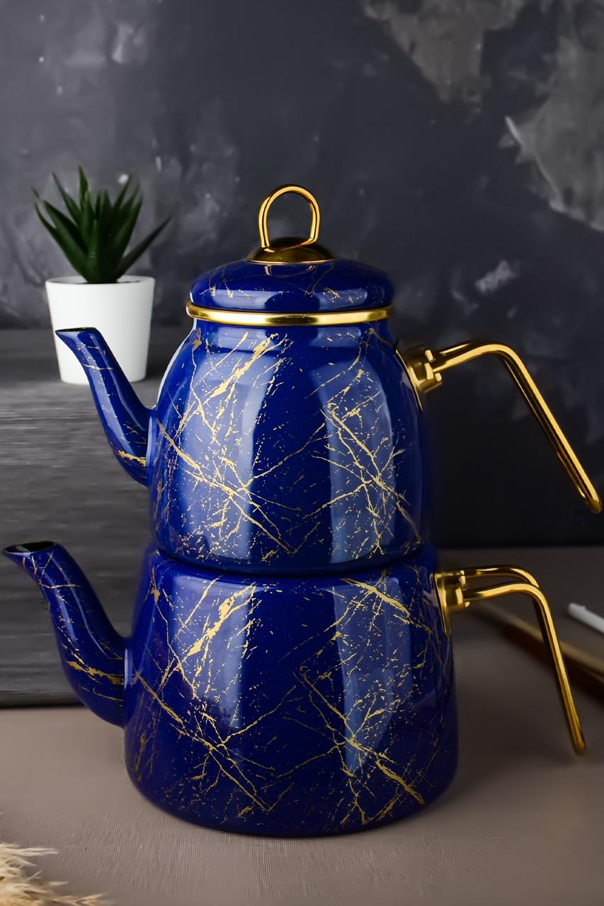 Емальований ексклюзивний чайник подвійний турецький для всіх видів плит Paçi Elite Class мармур 3.2 л