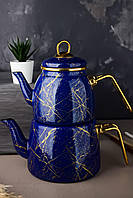 Эмалированный эксклюзивный чайник двойной турецкий для всех видов плит Paçi Elite Class мрамор 3.2 л Синий