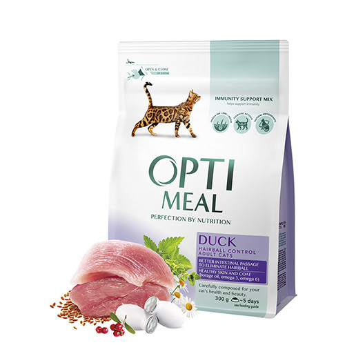 АКЦІЯ! Сухий корм OPTIMEAL для котів, виведення шерсті, качка 4КГ + 12паучей у подарунок!
