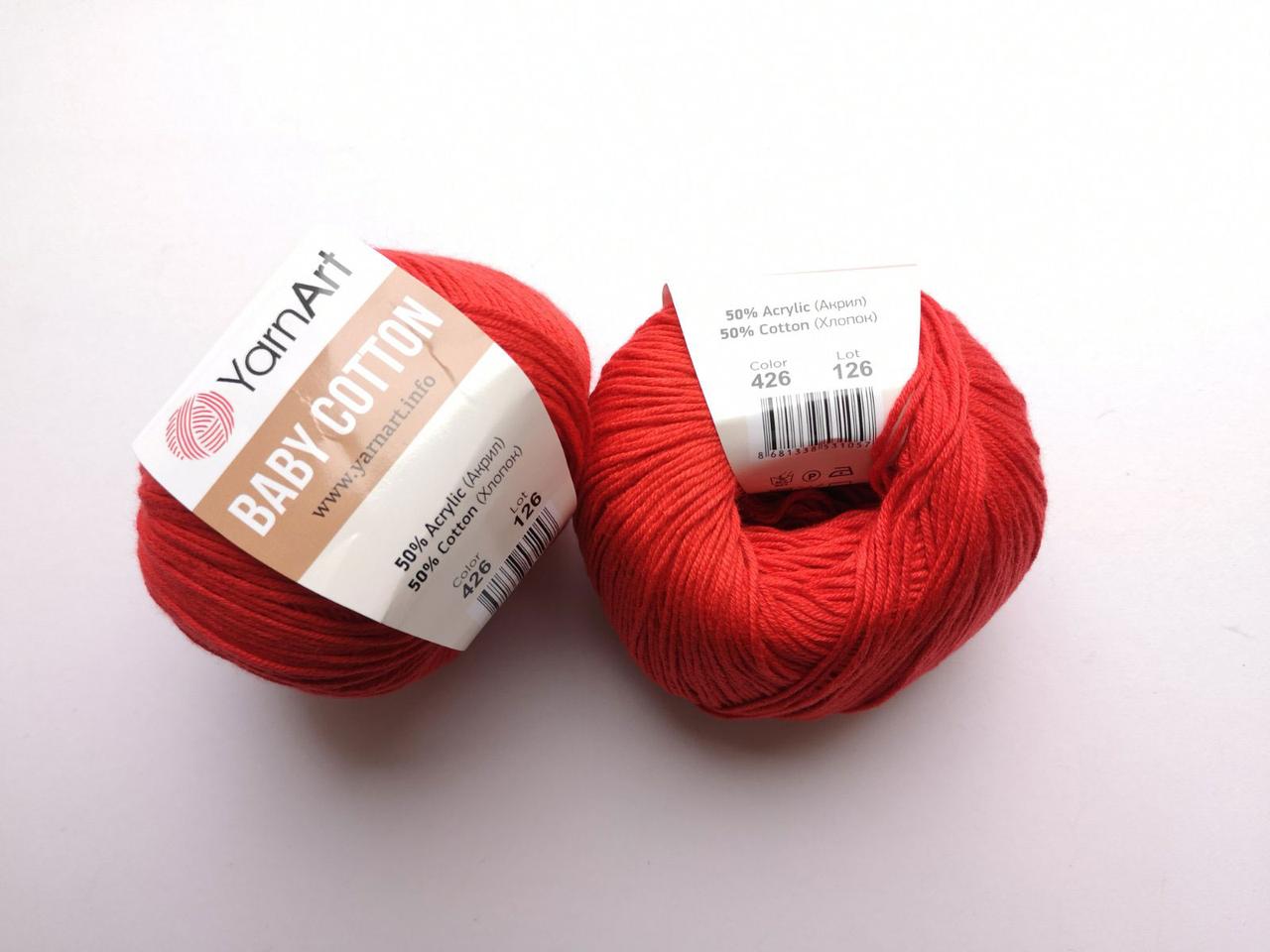 Пряжа  Бебі Коттон Ярнарт Baby Cotton YarnArt (RAM) колір 426 червоний, 1 моток 50г, фото 1