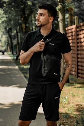 Футболка Поло чорна + Шорти + Барсетка Reebok ( Рібок ) Костюм в стилі Reebok річний рібок костюм, фото 3