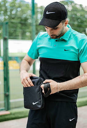 Футболка Поло Nike чоловіча чорна-бірюзова+Шорти найк чорні + Кепка Чорна.Барсетка у подарунок! Костюм літній, фото 2