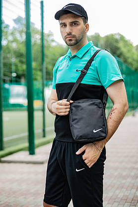Футболка Поло Nike чоловіча чорна-бірюзова+Шорти найк чорні + Кепка Чорна.Барсетка у подарунок! Костюм літній, фото 3