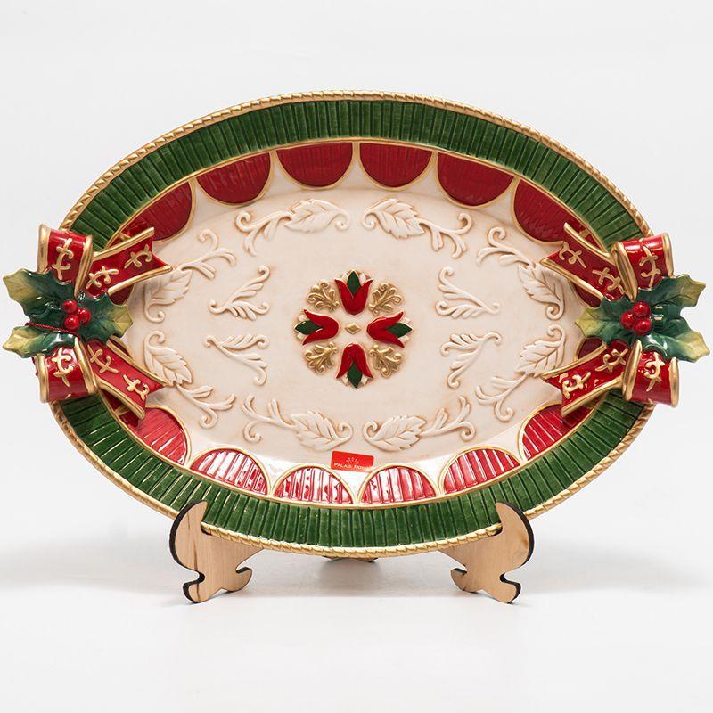 Блюдо овальне з різдвяної колекції Lamart 10/18302, зелене з червоним, 44 см, кераміка, фото 1