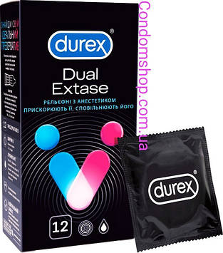 Презервативи Durex Dual Extase рельєфні прискорюють її, уповільнюють її #12 шт. З аестетиком long love.