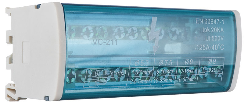 Нульова шина АСКО-УКРЕМ VC-211 на DIN-рейку, 2 бруски по 11 отворів, латунь