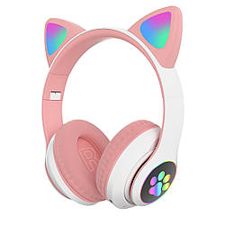 Бездротові дитячі MP3 Навушники з котячими Вушками з підсвіткою з MicroSD з FM-Радіо Cat Ear STN-28 Bluetooth Рожеві
