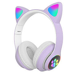 Бездротові дитячі MP3 Навушники з котячими Вушками з підсвіткою з MicroSD з FM-Радіо Cat Ear STN-28 Bluetooth Фіолетові