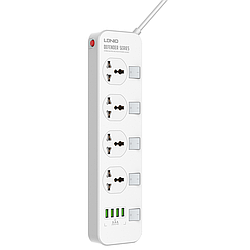 Подовжувач мережевий 2 метра Ldnio SC4408 |2500W 2m EU plug 4USB 4 Sockets 3.4A| Білий