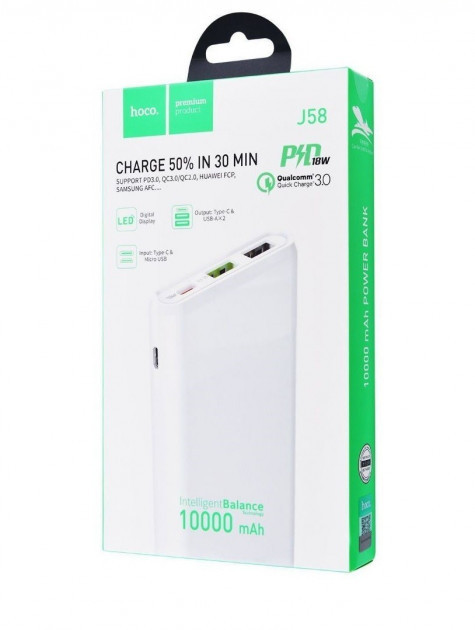 Внешний аккумулятор PowerBank HOCO J58 Cosmo 10000mAh |2USB/1Type-C, PD/QC, 3A, 18W| Белый - фото 4 - id-p1421885831