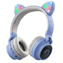 Бездротові MP3 Навушники з Вушками з підсвічуванням + FM-Радіо + MicroSD з мікрофоном Cat Ear BT028C Блакитні