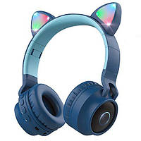 Бездротові Навушники з Вушками з підсвічуванням c MP3 + FM-Радіо + MicroSD з мікрофоном Cat Ear BT028C Сині