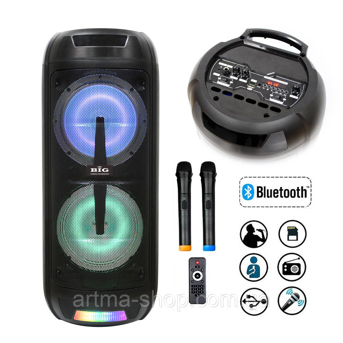Активна акустична система BIG PRO BIG150ELYSIUM USB/MP3/FM/BT/TWS + 2 бездротових мікрофона 150 Ватт