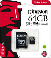 Карта пам'яті Kingston 64GB Class 10 + SD адаптер, microSD SDXC 64GB