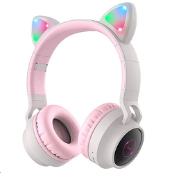 Бездротові MP3 Навушники з Вушками з підсвічуванням з MicroSD накладні HOCO W27 Bluetooth Рожево-Сірий