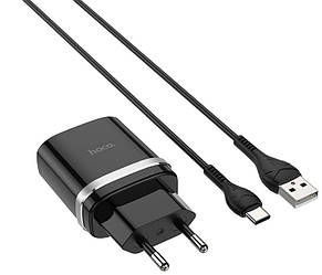 Зарядний пристрій для телефону + кабель USB Type-C Android HOCO C12Q |1USB, 3A, 18W, QC3.0| Чорний