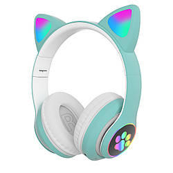 Бездротові дитячі MP3 Навушники з котячими Вушками з підсвіткою з MicroSD з FM-Радіо Cat Ear STN-28 Bluetooth Зелені